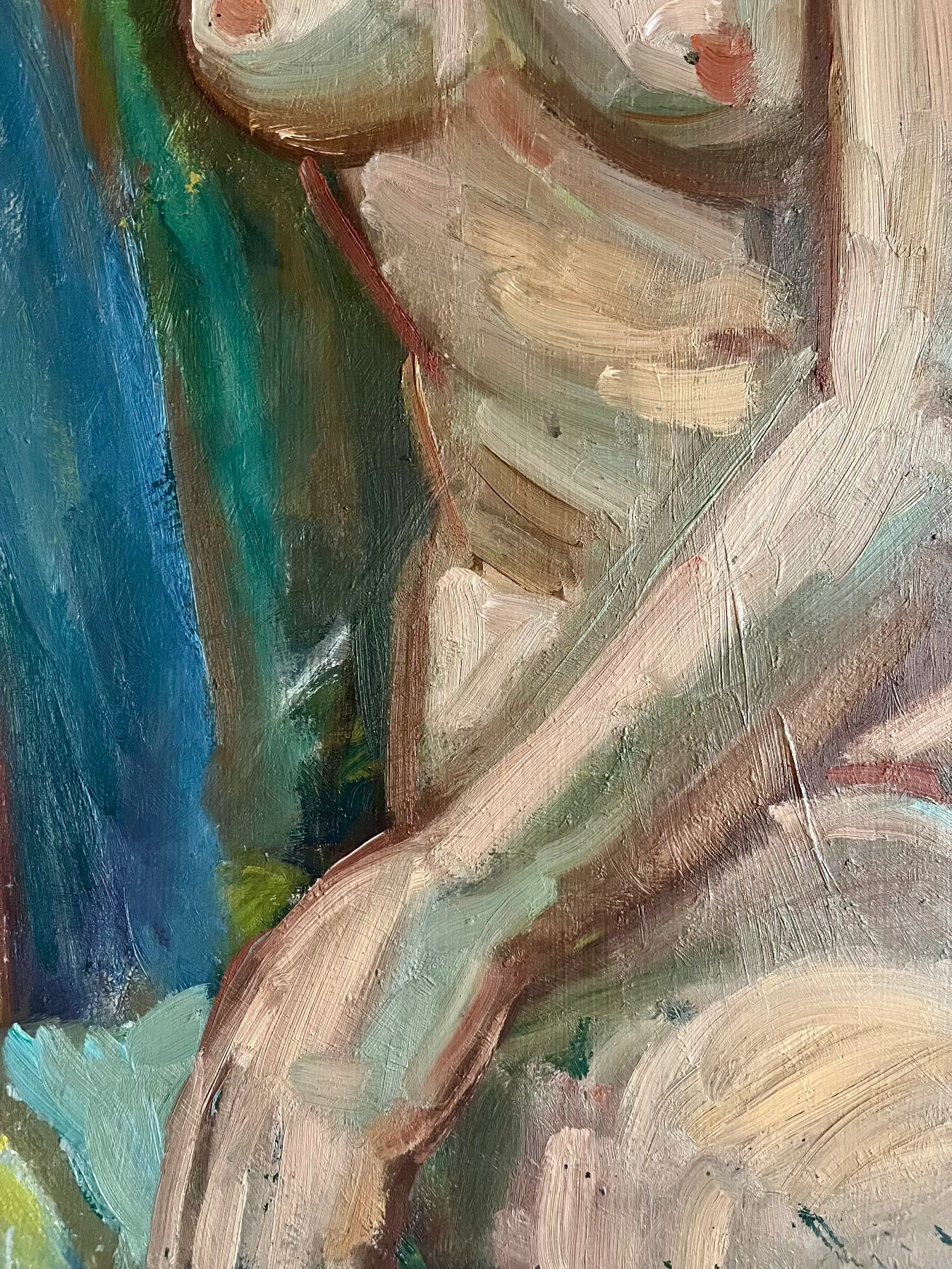 Deatil showing skin tone from signed and framed oil painting, Seated Nude, Signed C.O.H, acquired in Sweden, in the 1950s as a Carl Otto Hultén