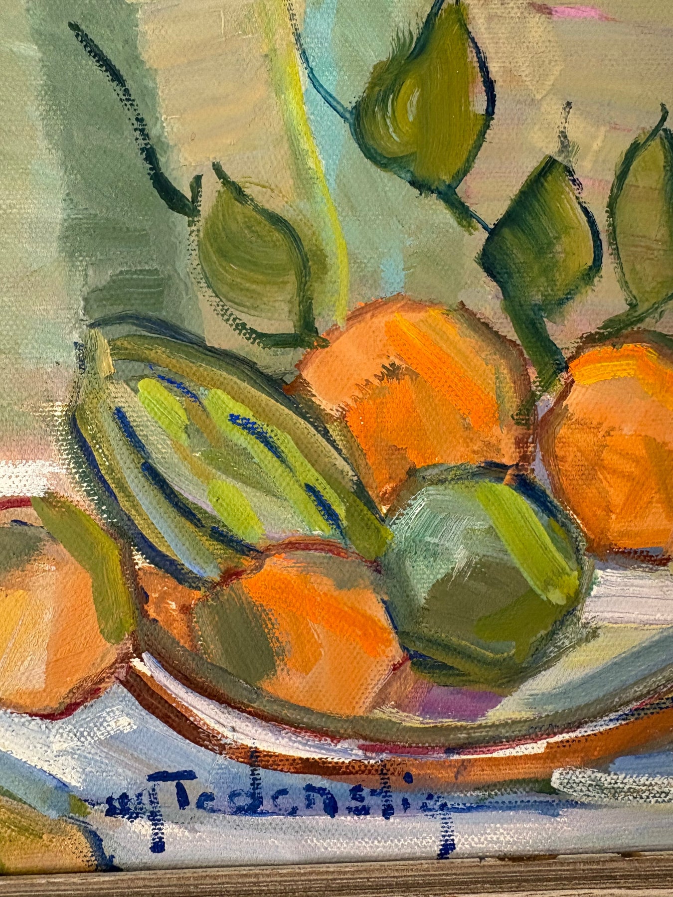 Vibrant detail of fruit and bowl from Still Life, by Ulf Tedenstig, oil on canvas.