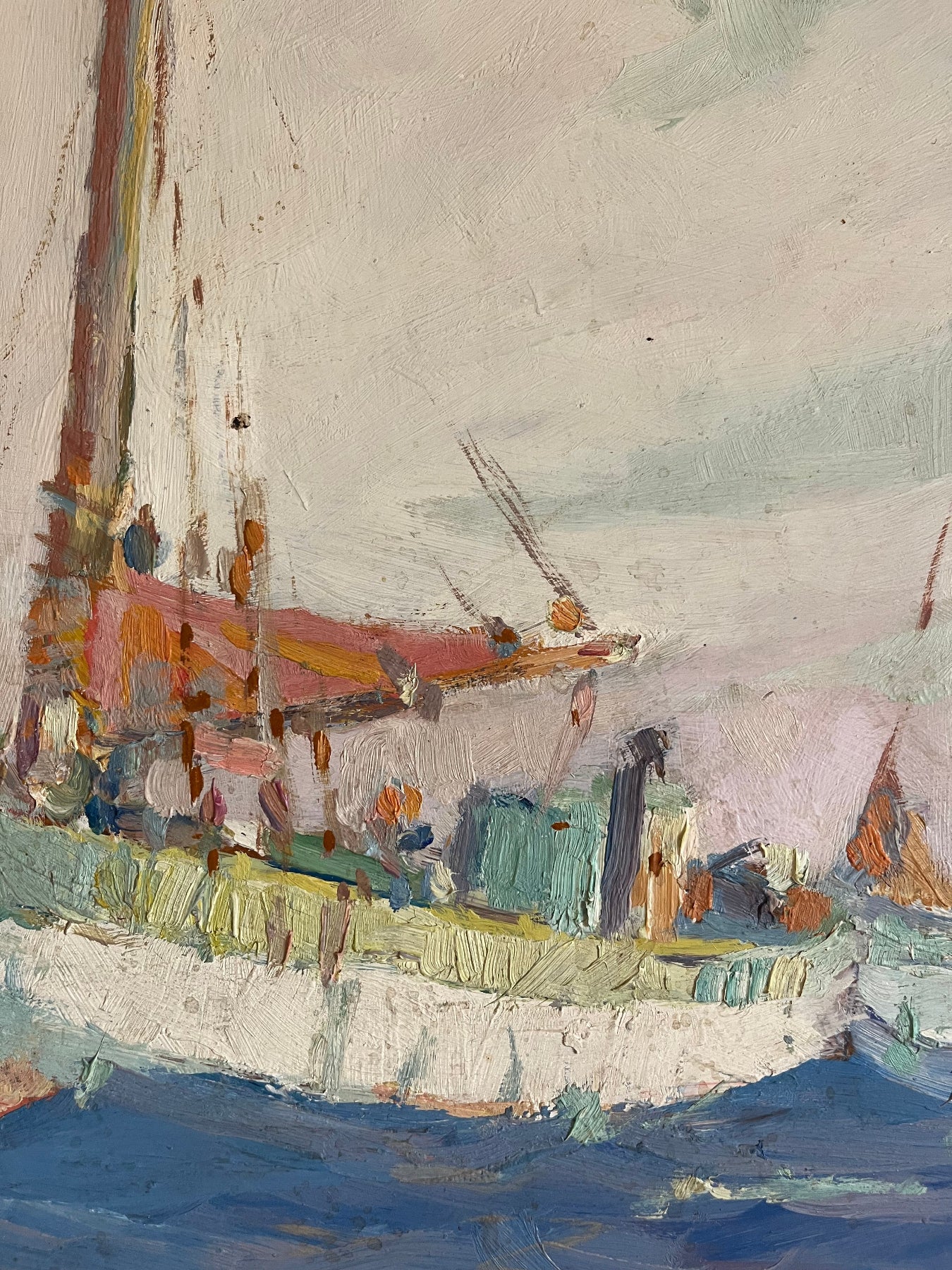Detail showing boats, sky and sea from Fishing Boats, framed, signed oil painting by Henrik Ekman.