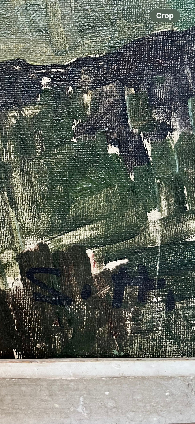 Close up detail showing landscape texture, from Fjord Landscape, Swedish oil painting on canvas.