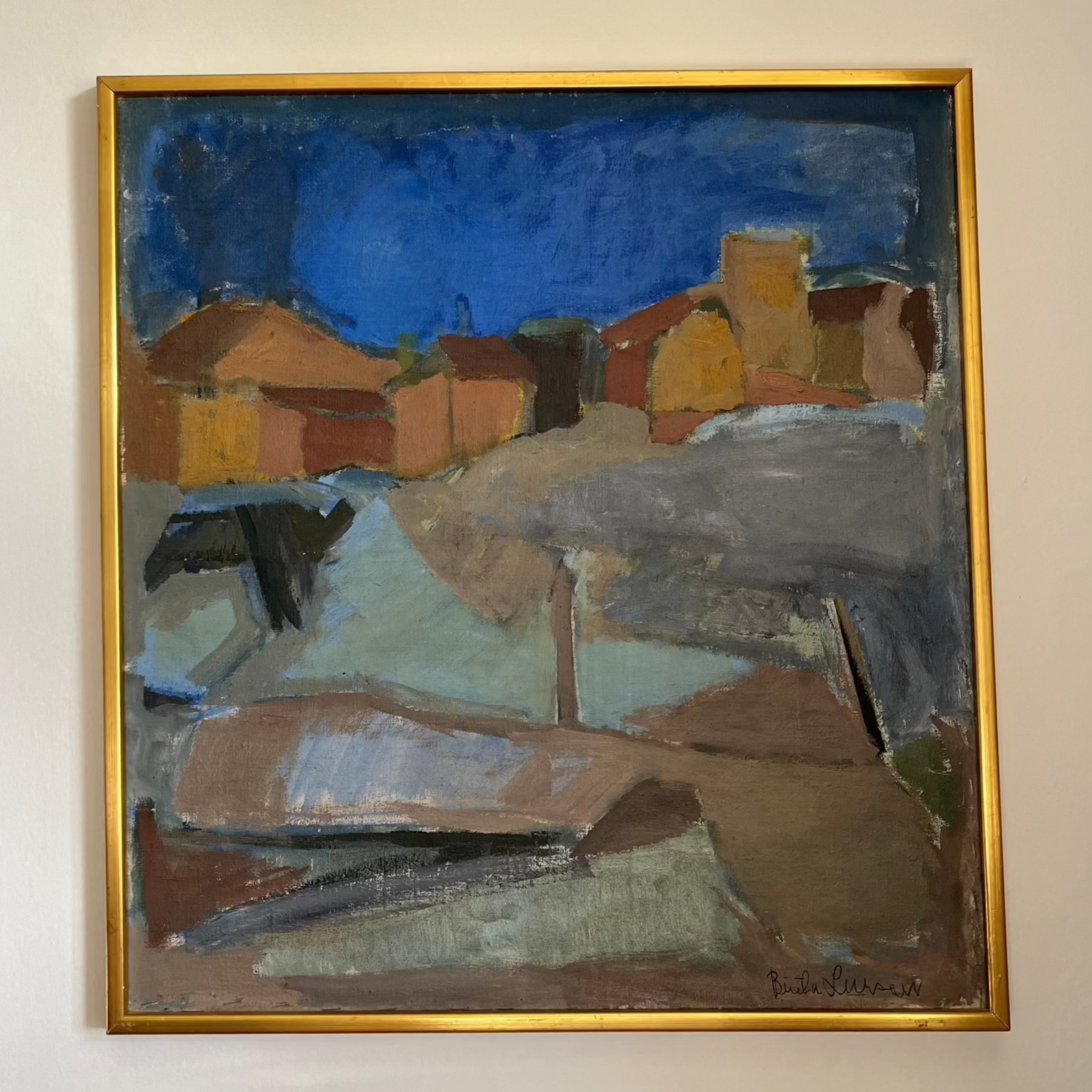 Cobalt Sky, Abstract Swedish landscape oil painting on canvas by Brita Larsson (1883-1982)