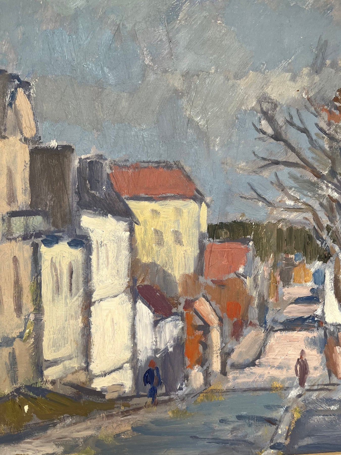 Street, houses and sky detail with passers by from The Bridge. Oil on panel by Tage Sahlberg (1906-1980), Signed and dated 1946.