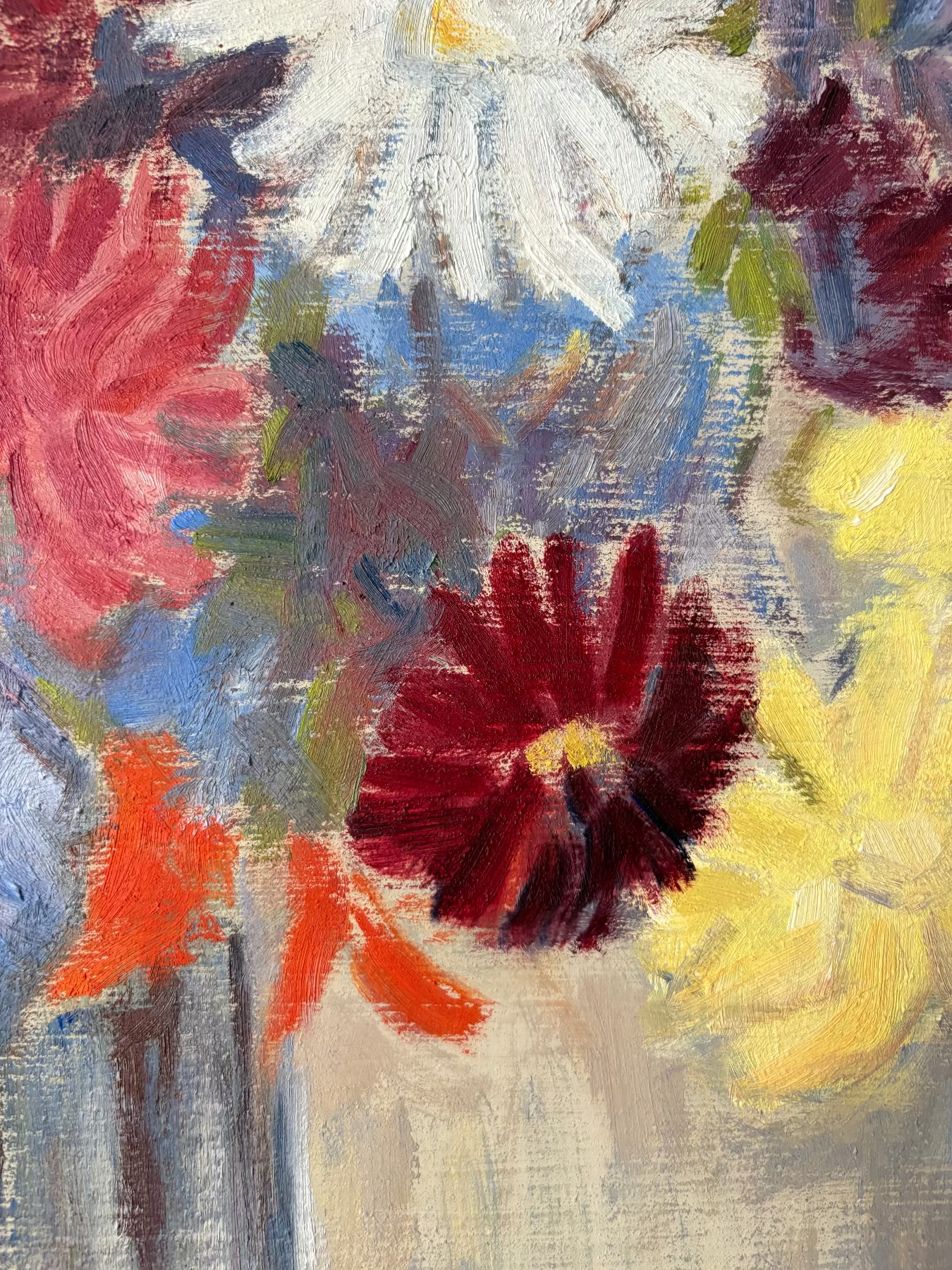 Detail from Dahlias, Still Life, flowers in a vase, V. Hegg, 1949
