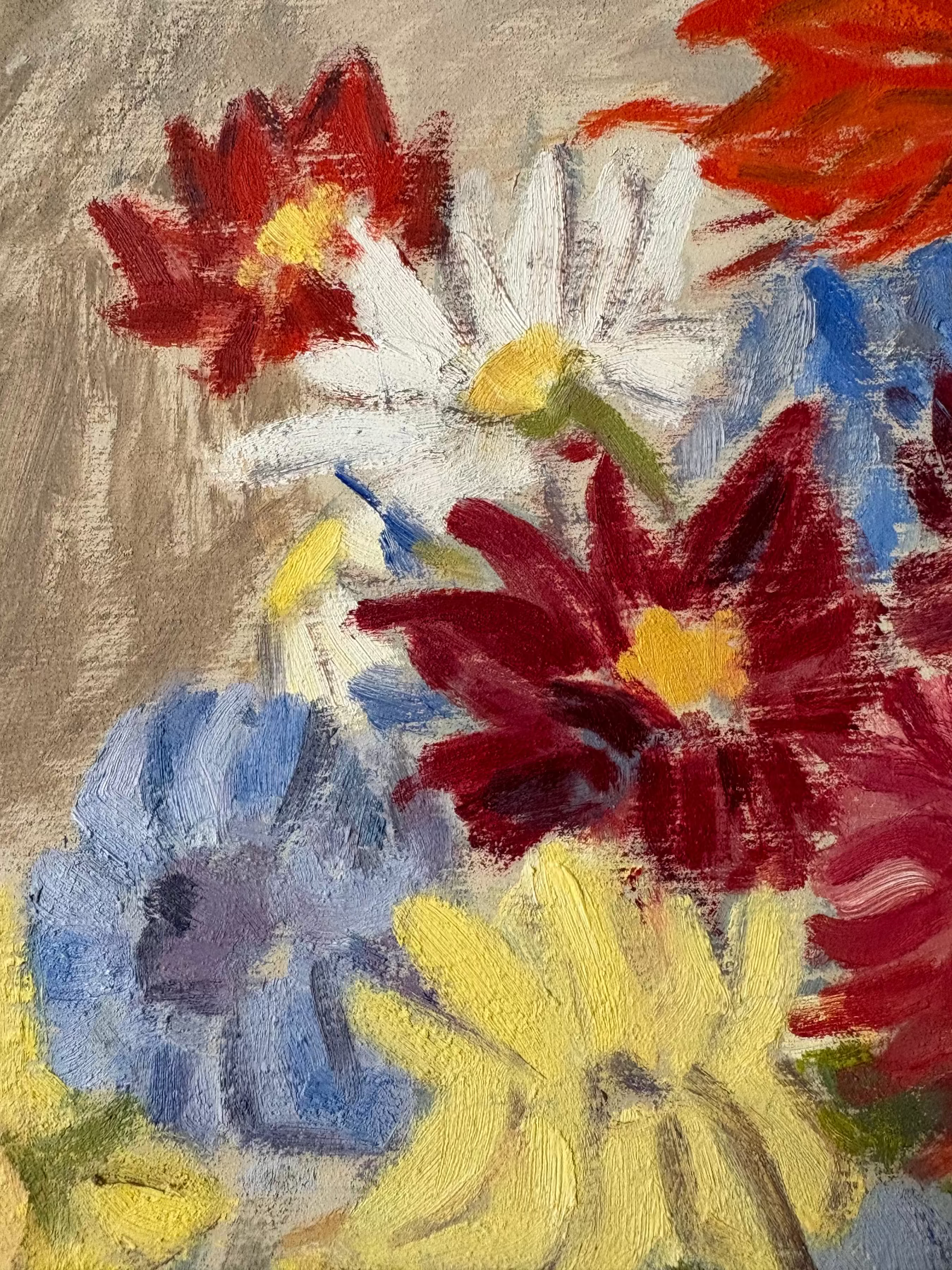 Dahlias in a vase, oil on panel by V. Hegg, 1949