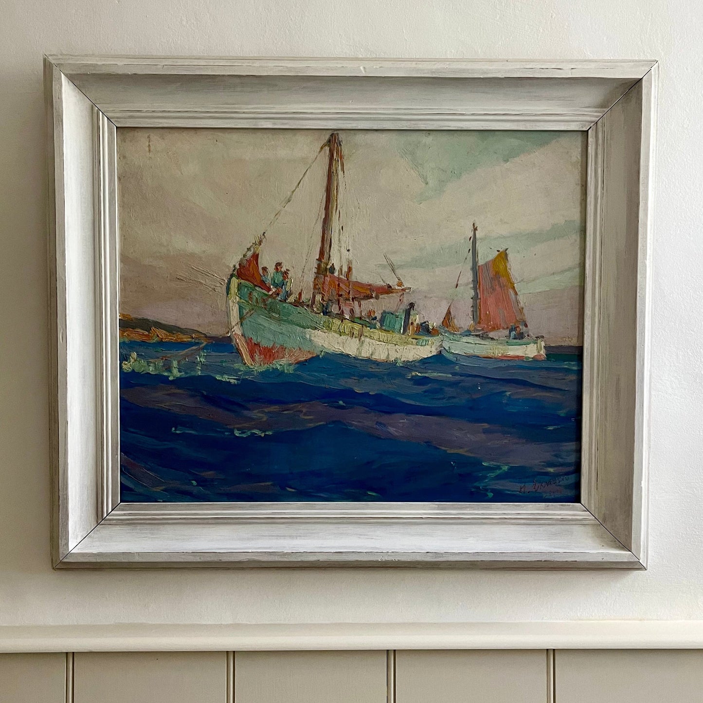 Fishing Boats, oil painting by Henrik Ekman, framed, signed and dated 1944.