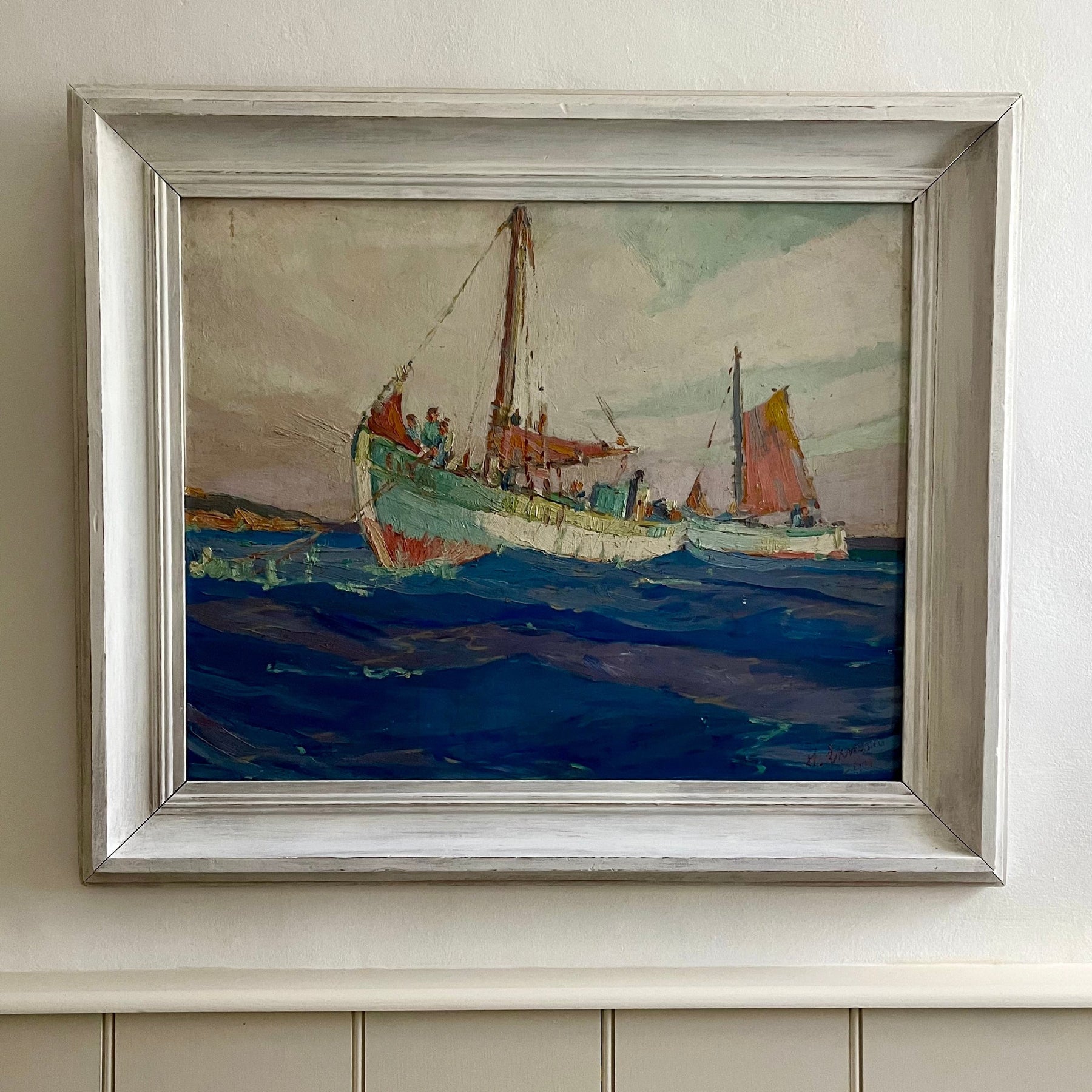 Fishing Boats, oil painting by Henrik Ekman, framed, signed and dated 1944.