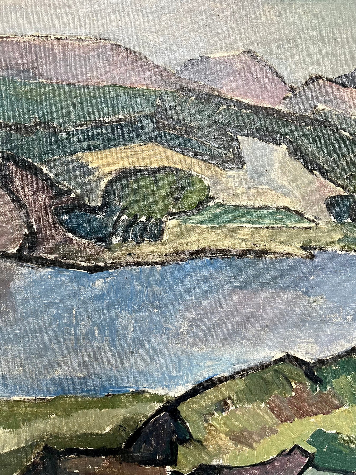 Fjord and hills detail from Fjord Landscape, Swedish landscape, oil on canvas by Sven-Olof Hamlet. Signed and framed.