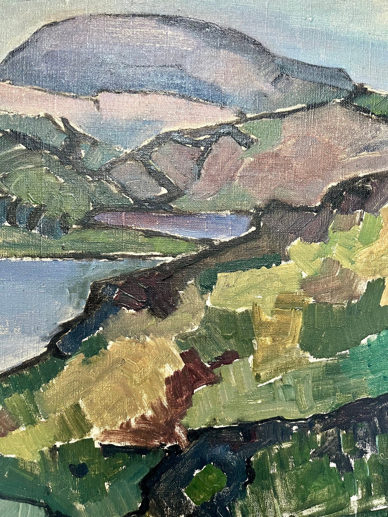 Hills and landscape detail of Swedish landscape oil painting by Sven-Olof Hamlet. Oil on canvas, signed and framed.