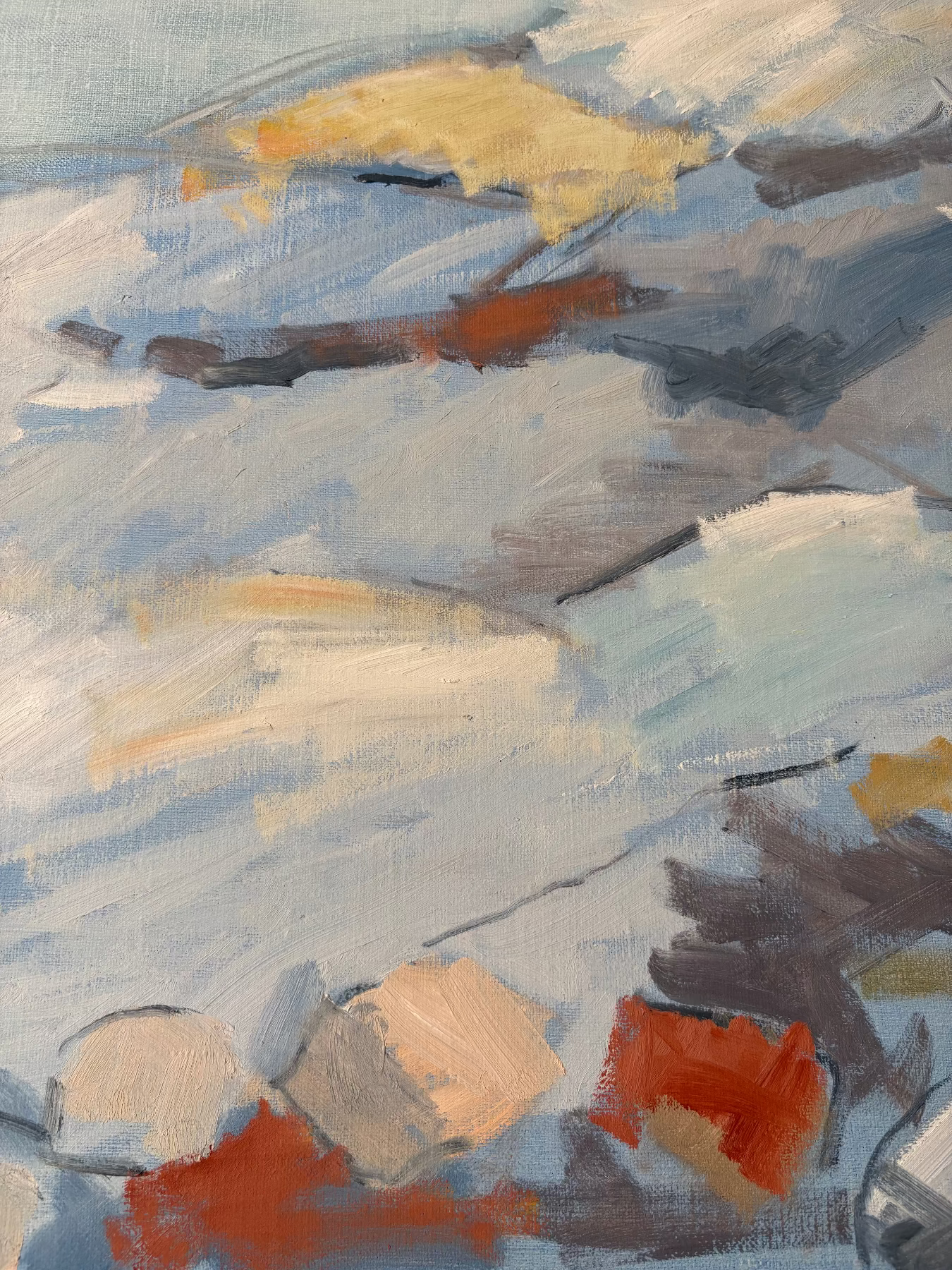 Detail from Blue Rocks, Oil on canvas by Lars Olovsson, showing rocks and hills