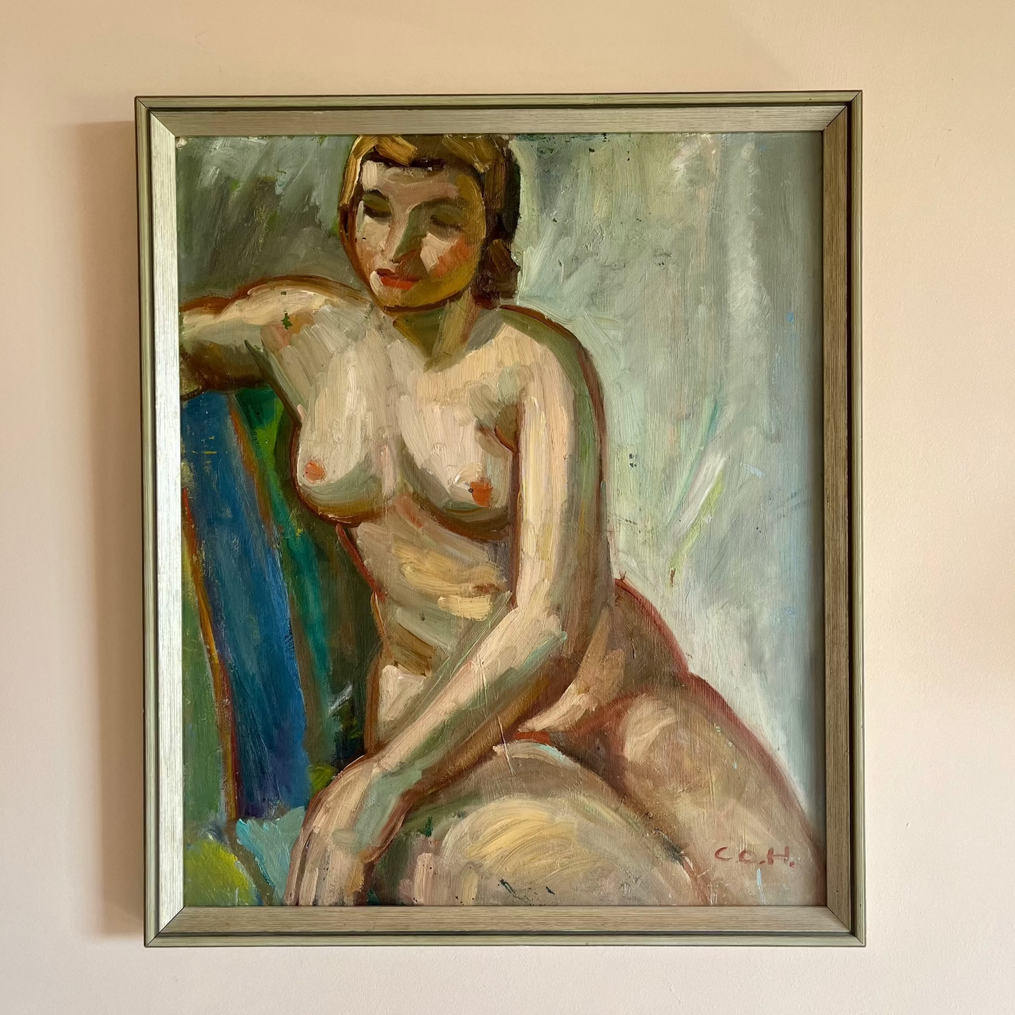 Signed and framed oil painting, Seated Nude, Signed C.O.H, acquired in Sweden, in the 1950s as a Carl Otto Hultén