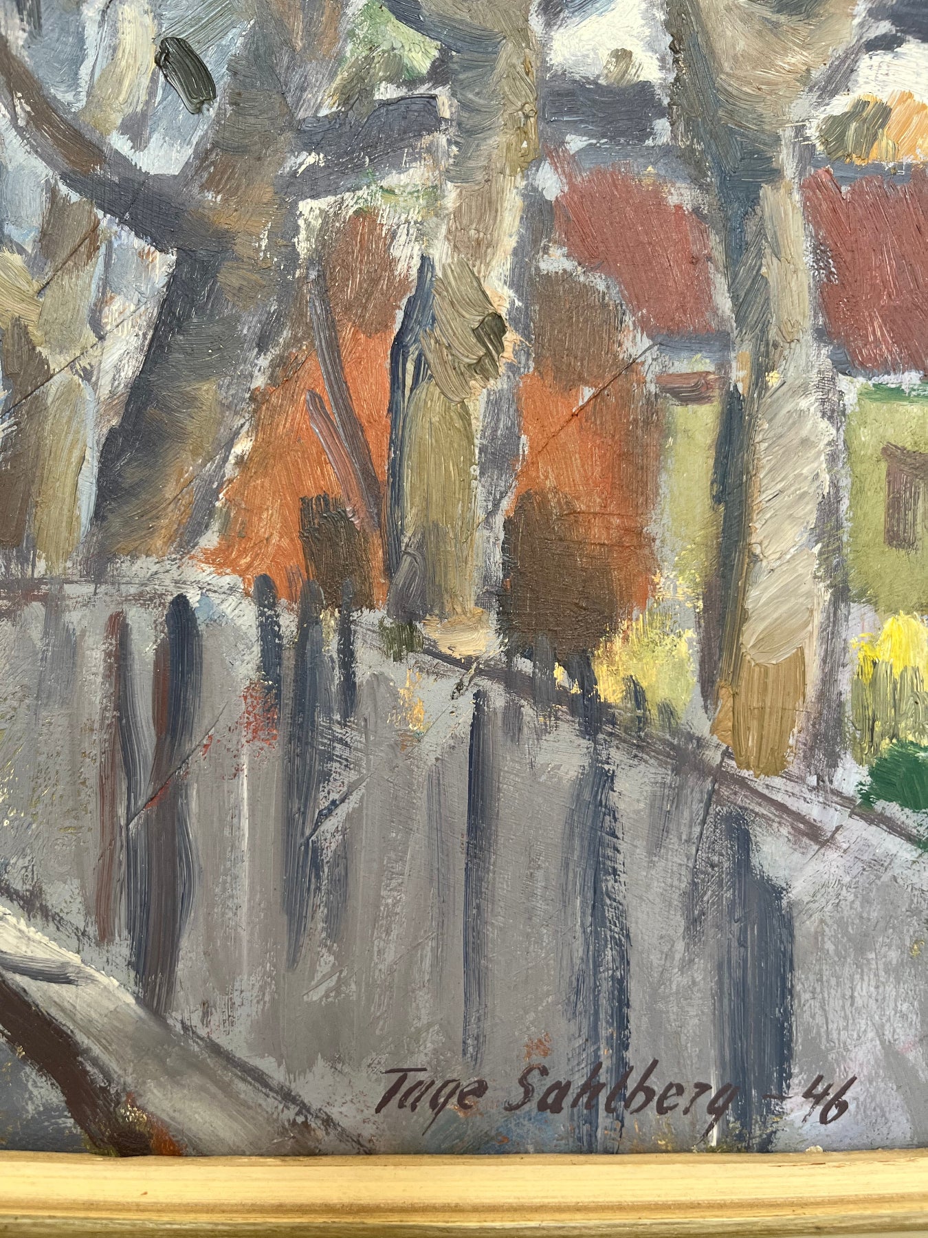 Signature detail from a framed, signed and dated oil painting The Bridge by Tage Sahlberg.