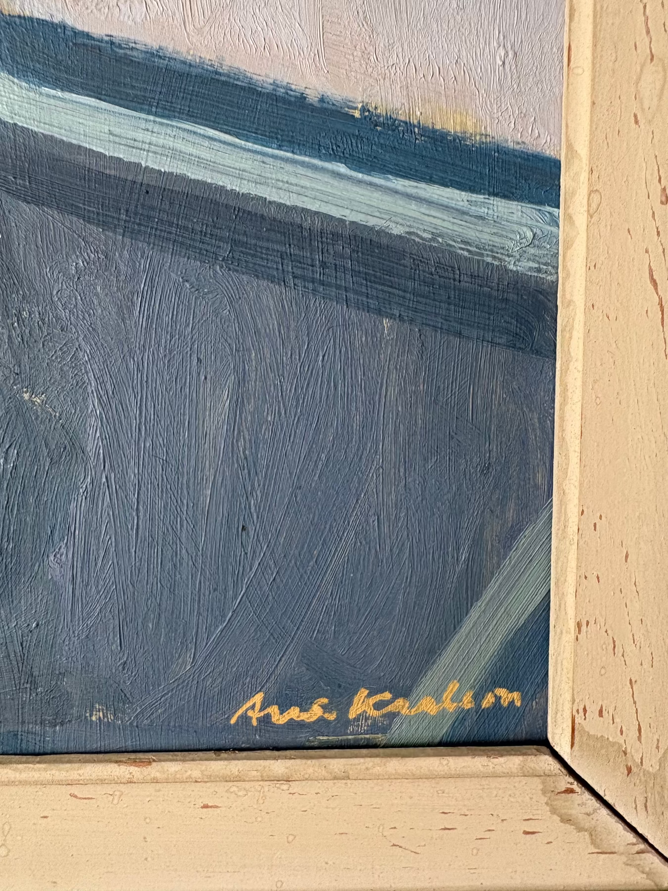 Signature detail from signed, framed, Yellow Rose oil painting.