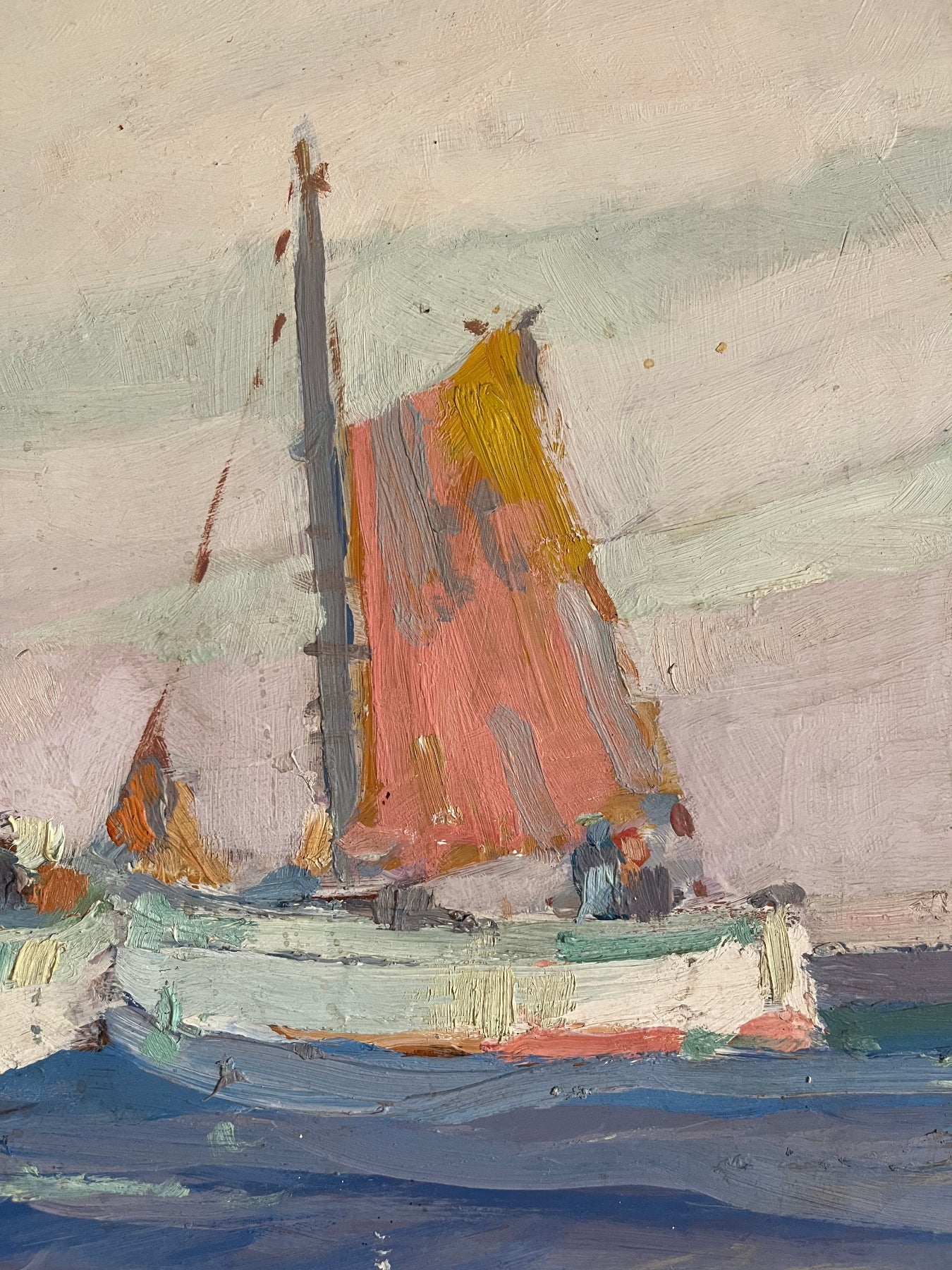 Small fishing boat detail from Fishing Boats, oil painting by Henrik Ekman, framed, signed and dated 1944.