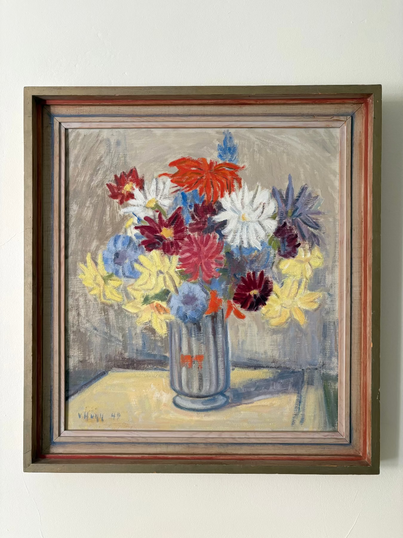 Oil on panel, painting by V. Hegg. Framed, signed and dated 1949.