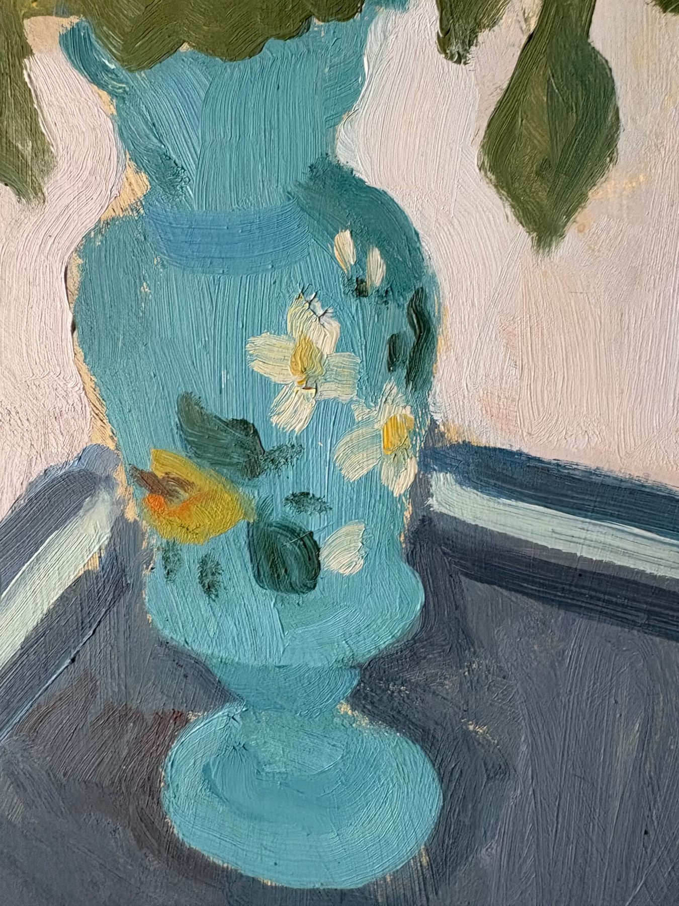 Blue floral vase detail from Yellow Rose, oil painting by Arvid Karlson.