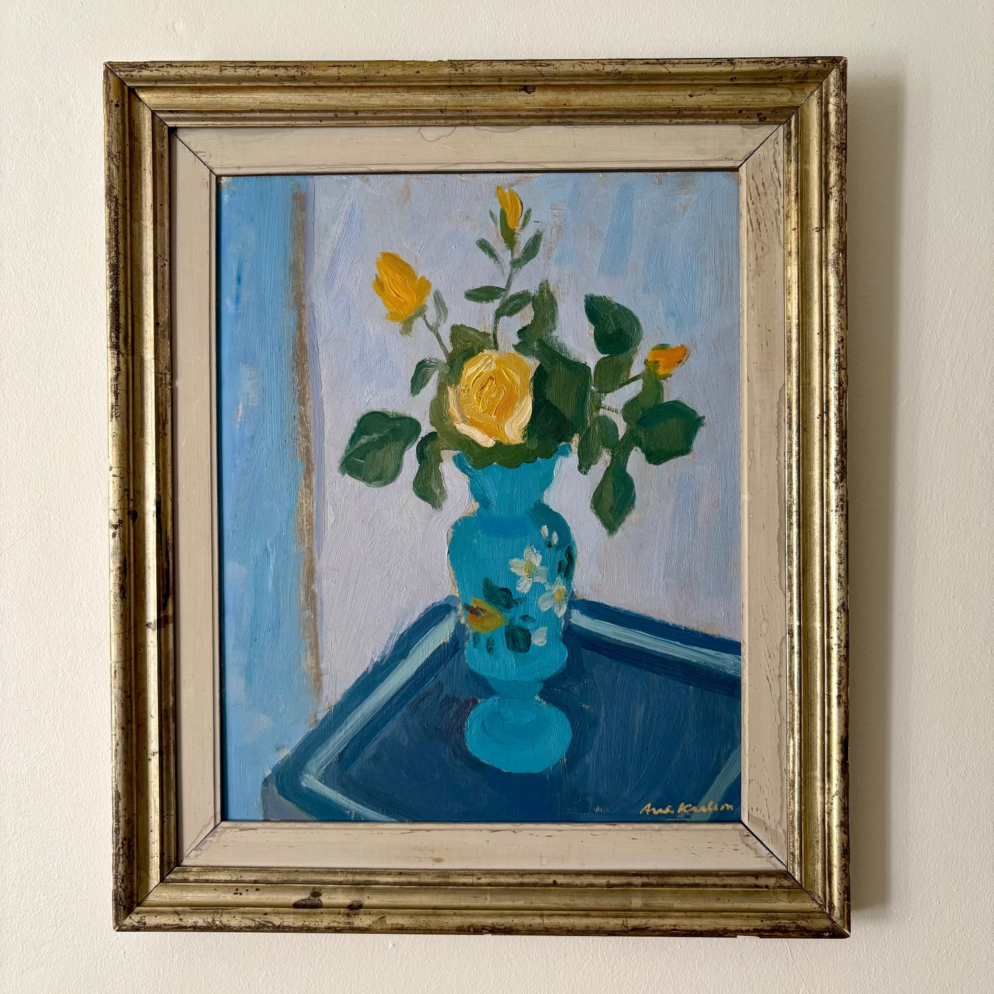 Yellow Rose, in vase on table. Oil on Panel by Arvid Karlson (1907-1964).